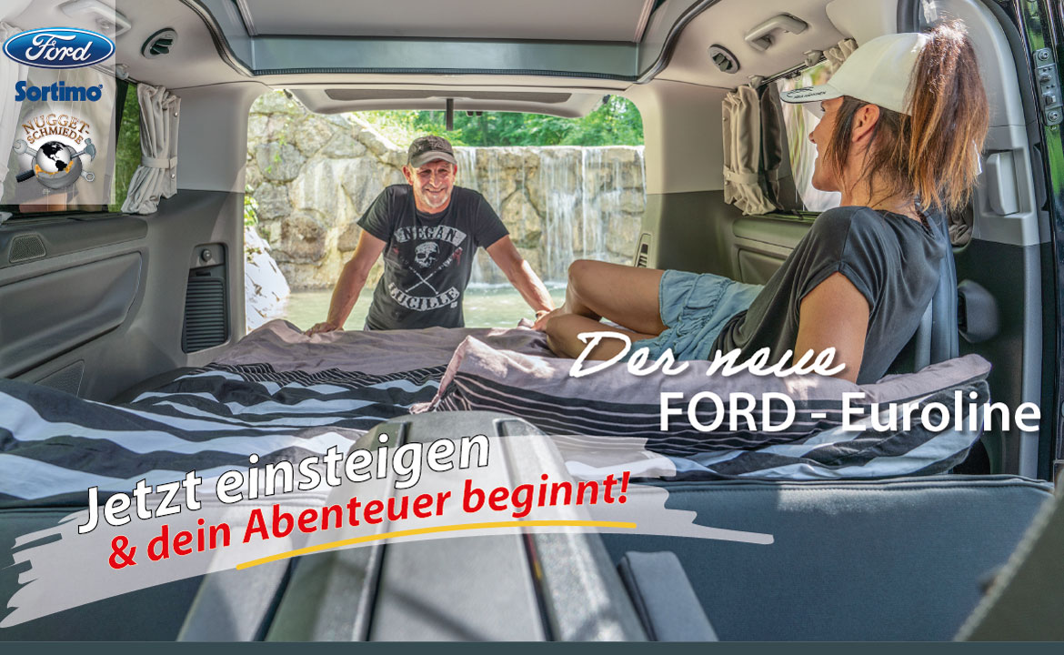 Der Ford Tourneo Custom Euroline mit der Schlafbank und absolutem Liegekomfort vom Qualitätsausbauer Sortimo im Bachbett.